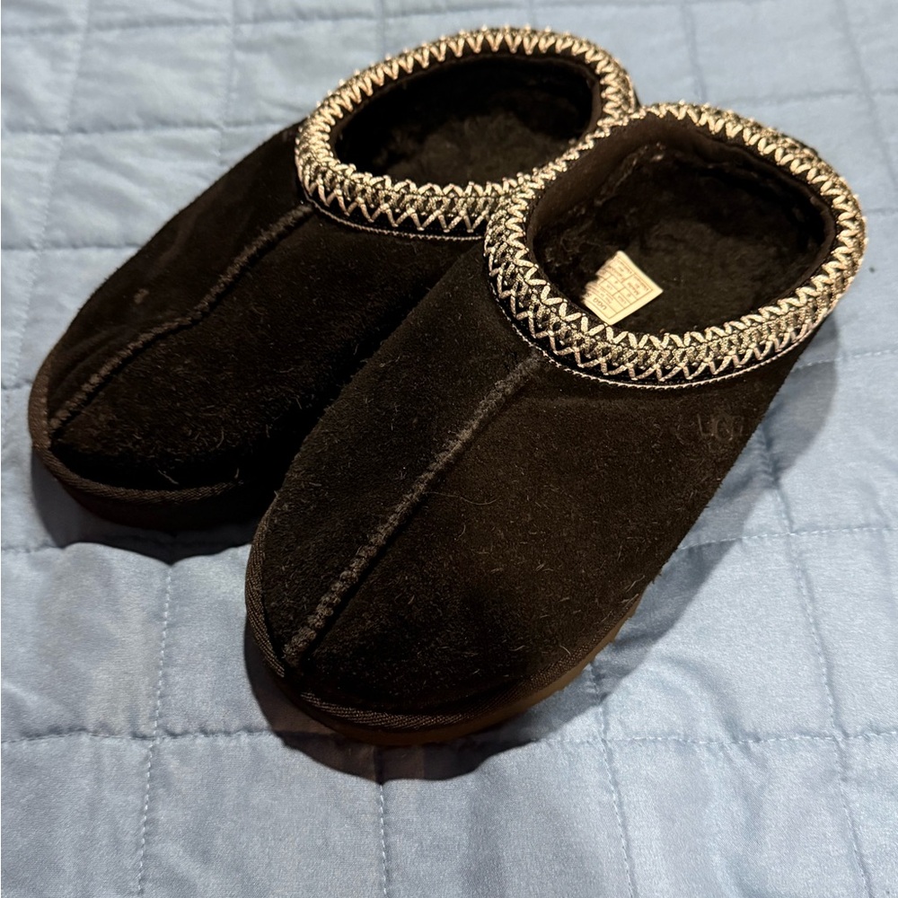 Ugg Black Suede Slippers with Patterned Trim